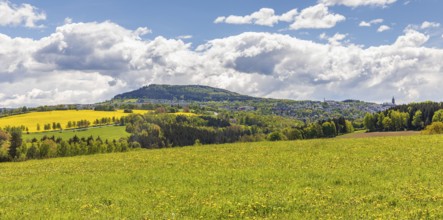 View of Pöhlberg and Annaberg-Buchholz with St. Annen church in spring, Ore Mountains, Saxony,