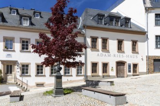 Karlsplatz with Adam Ries House and Memorial in Annaberg, Annaberg-Buchholz, Ore Mountains, Saxony,