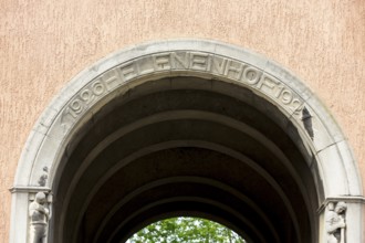 Historic Helenenhof residential complex on Walter-Oertel-Straße, lettering on the entrance portal,