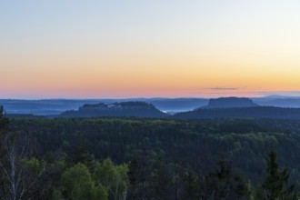 Bernhardstein viewpoint in the morning with a view of Königstein Fortress and Lilienstein, Saxon