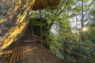 Baptism stone on Bernhardstein in the morning, Saxon Switzerland, Saxony, Germany