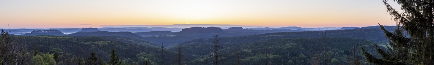 Panorama from Bernhardstein viewpoint in the morning with a view of Königstein Fortress,