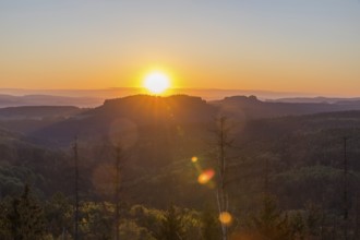 Sunrise at Bernhardstein viewpoint with views of Pfaffenstein and Gohrisch, Saxon Switzerland,