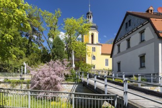 Bridge over Seidewitz and church in Zuschendorf, Pirna, Saxony, Germany