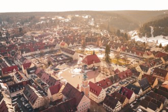 Aerial view of an urban area with historic center and surrounding nature, Freudenstadt, Black