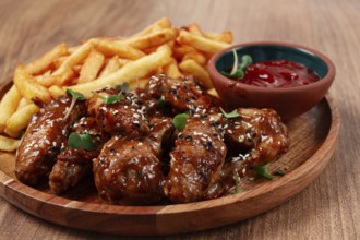 Barbecue chicken wings, sprinkled with sesame seeds, with French fries, and sauce, on a wooden