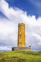 Binns Tower over Scotish farms and Forth Estuary, House of the Binns, Linlithgow, Scotland, UK