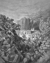 The destruction of the walls of Jericho, the priests blow the ram's horns, people break out in a