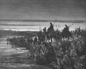 The Israelites walk through the Jordan, crossing the dry riverbed with the Ark of the Covenant,