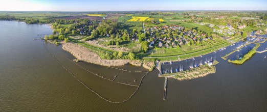 Panoramic aerial view of Dümmer See with marina sailing harbours and holiday homes, Lembruch, Lower