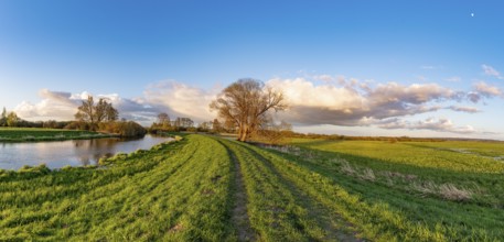 The Hunte river near its mouth in Dümmer See, landscape with river and meadow path under blue sky