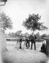 Men with bicycles, cyclists, hat, little boy, ca. 1920-1930, retro, vintage, old, historic,