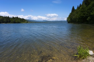 Calm lake with clear water surrounded by trees under a blue sky with clouds, Shaori Reservoir,