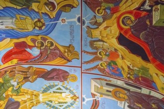 Detailed ceiling frescoes with religious motifs and depictions of angels in a church, Nikorzminda