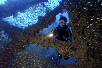 Underwater photo diver dives through parts of former sunken tin excavator Boonsung wreck off the