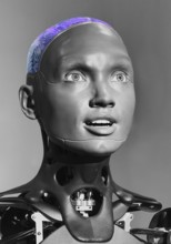Humanoid communication robot that can simulate human emotions using AI, exhibition, history of the