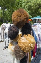 Fur hats on display at a market outside, Borjomi, Borjomi resort, Borjomi, Samtskhe-Javakheti