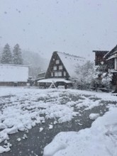 A snow-covered village with traditionally designed houses and heavy snowfall, winter, snow,