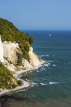 View of chalk cliffs in Jasmund National Park on Rügen, sailboat, Sassnitz, Rügen,