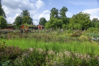 Lush garden with flowers and plants surrounded by rustic wooden houses with the birthplace of