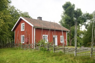 Red wooden house in rural area with traditional wooden fence and green nature, Linnés Råshult,