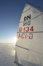Close-up of a sail on frozen lake in sunlight Ice sailor on frozen Dümmer, Dümmer See, east shore