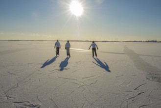 Three young woman skate on frozen Dümmer Lake under low sun, Lembruch, Lower Saxony, Germany