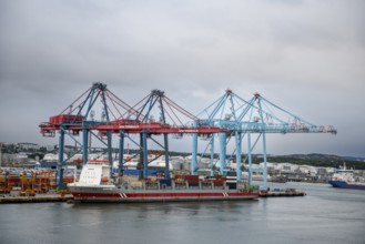 Industrial port with container cranes, container bridges and cargo ship under overcast sky,