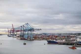 Industrial port with large cranes, container bridges and container ships under a cloudy sky,