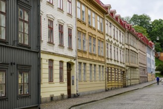 A series of colorful old buildings with decorated facades along a cobblestone street in the Haga