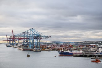 Container port with huge cranes and lots of colorful containers on the water, Stena Line