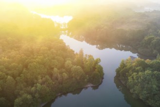 Sunrise at Ahlhorn fish ponds, aerial view, fog, Bissel, Ahlhorn, Lower Saxony, Germany