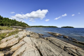 Clear sky over rocky archipelago coastline with granite archipelago with green forest and blue