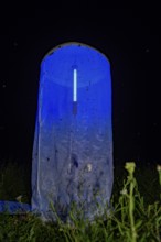Close-up of a light tent light catch at night, loaded with insects and illuminated in bluish light,