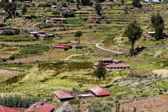 Small village with red roof huts on terraces surrounded by green fields, countryside and farmhouses