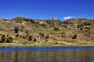 Wide fields stretch across rolling hills overlooking a lake, countryside and farmhouses on Taquile