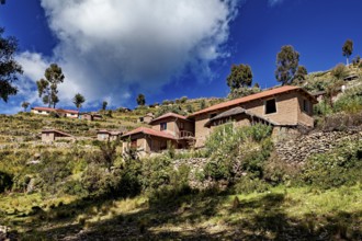 Houses cluster on a hillside under a dramatically cloudy sky framed by trees and vegetation, The