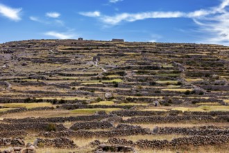 Terraced landscape on a hill under a dramatic sky with stone walls, The countryside and farmhouses