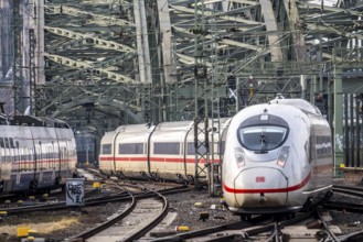 Rail track in front of Cologne Central Station, Hohenzollern Bridge across the Rhine, ICE