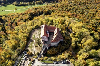 Castle nestled in colorful autumn landscape, surrounded by lush forest, seen from the air,