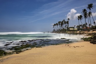 A sun-drenched beach with palm trees and waves hitting the rocks, Koggala beach with stilt