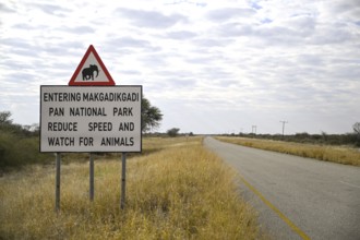 Sign near the entrance to Makgadikgadi Pans National Park, near Gewta, Central District, Botswana