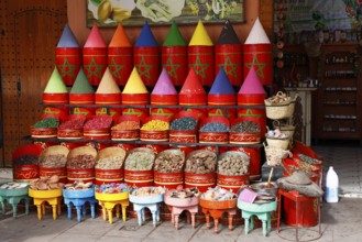 Sales stand selling spices and herbs at a market in Marrakech, historic old town, Medina, UNESCO