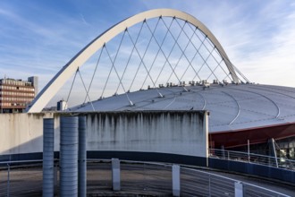 Roof with arched support structure of the Lanxess Arena, Cologne Arena, multifunctional hall,