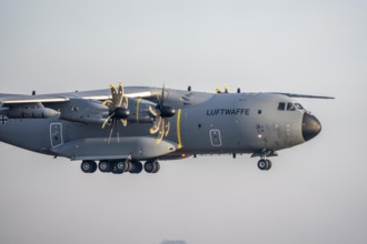 Airbus A400 transport aircraft of the German Air Force, landing at Cologne/Bonn airport, CGN,