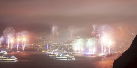 New Year's Eve fireworks, dusk, Atlantic Ocean, harbour with cruise ships, Funchal, Madeira,