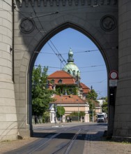 View of the tower of Potsdam City Hall through the Nauener Tor, Friedrich-Ebert-Straße,