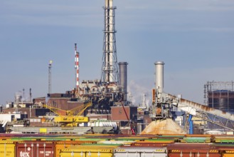 BASF factory site with chemical plants and chimneys. Baden aniline and soda factories. Chemical