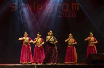 Artists perform a classical dance during a cultural evening program at Shilpgram Mohotsav 2026 in