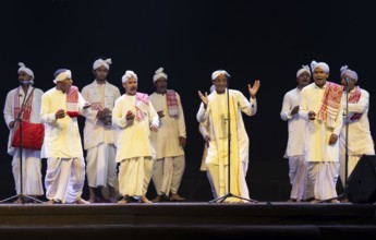 Artists perform 'Ojapali' folk song during a cultural evening program at Shilpgram Mohotsav 2026 in